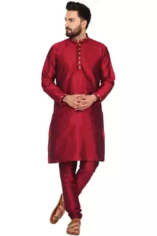 Red embroidered art silk kurta-pajama