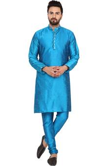 Turquoise embroidered art silk kurta-pajama