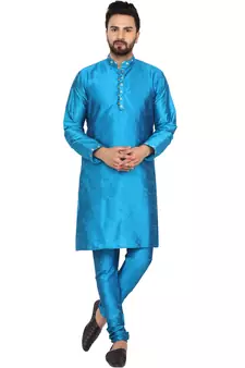 Turquoise embroidered art silk kurta-pajama