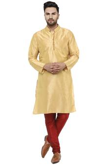 Beige embroidered art silk kurta-pajama
