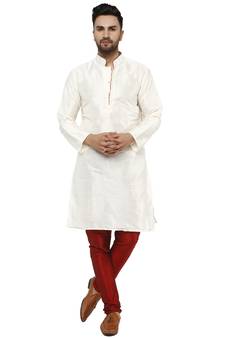 White embroidered art silk kurta-pajama