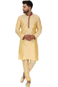 Beige embroidered art silk kurta-pajama