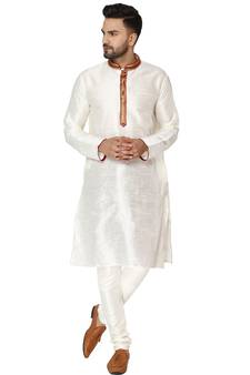 White embroidered art silk kurta-pajama