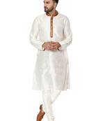 White embroidered art silk kurta-pajama