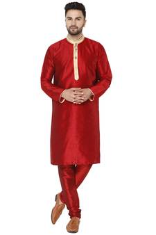 Red embroidered art silk kurta-pajama