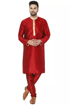 Red embroidered art silk kurta-pajama