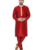 Red embroidered art silk kurta-pajama