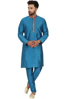 Turquoise embroidered art silk kurta-pajama
