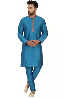 Turquoise embroidered art silk kurta-pajama