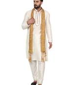 White embroidered art silk kurta-pajama