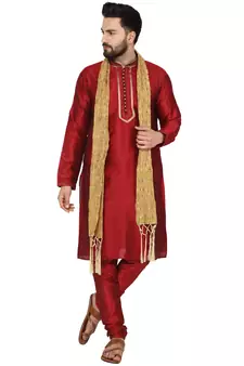 Red embroidered art silk kurta-pajama