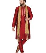 Red embroidered art silk kurta-pajama