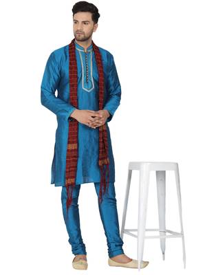 Turquoise embroidered art silk kurta-pajama 1