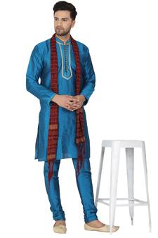 Turquoise embroidered art silk kurta-pajama
