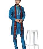 Turquoise embroidered art silk kurta-pajama