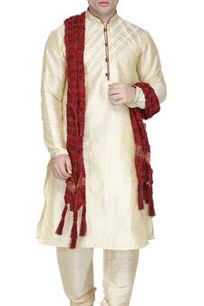 Beige embroidered art silk kurta-pajama