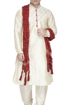 White embroidered art silk kurta-pajama