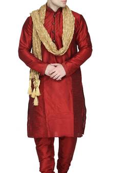 Red embroidered art silk kurta-pajama