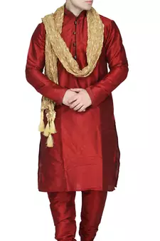 Red embroidered art silk kurta-pajama