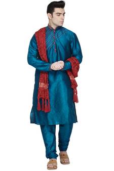 Turquoise embroidered art silk kurta-pajama