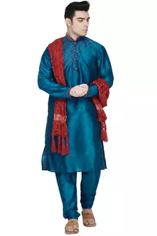Turquoise embroidered art silk kurta-pajama