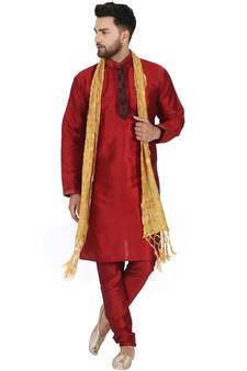 Red embroidered art silk kurta-pajama