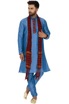 Turquoise embroidered art silk kurta-pajama