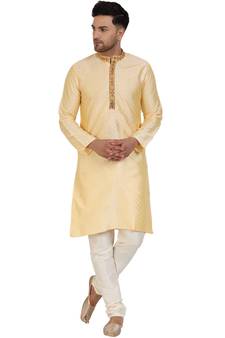 Beige embroidered art silk kurta-pajama