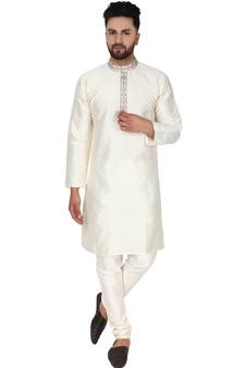 White embroidered art silk kurta-pajama