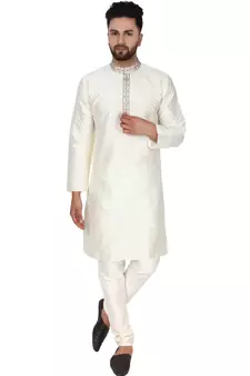 White embroidered art silk kurta-pajama