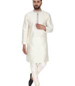 White embroidered art silk kurta-pajama
