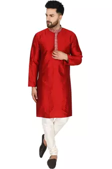 Red embroidered art silk kurta-pajama