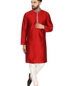 Red embroidered art silk kurta-pajama