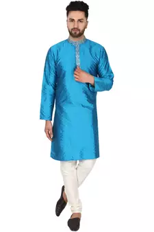 Turquoise embroidered art silk kurta-pajama