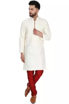 White embroidered art silk kurta-pajama