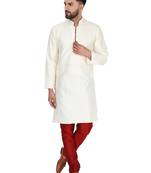 White embroidered art silk kurta-pajama