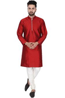 Red embroidered art silk kurta-pajama