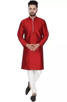 Red embroidered art silk kurta-pajama