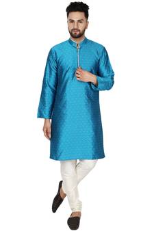Turquoise embroidered art silk kurta-pajama