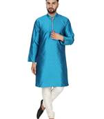 Turquoise embroidered art silk kurta-pajama