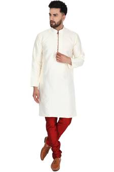 White embroidered art silk kurta-pajama
