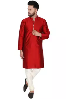 Red embroidered art silk kurta-pajama