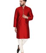 Red embroidered art silk kurta-pajama