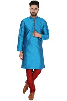 Turquoise embroidered art silk kurta-pajama