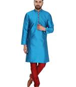Turquoise embroidered art silk kurta-pajama
