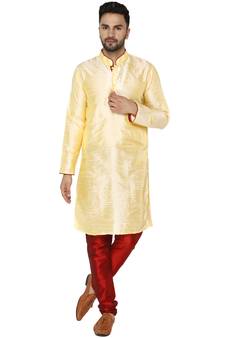 Beige embroidered art silk kurta-pajama