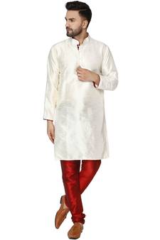 White embroidered art silk kurta-pajama