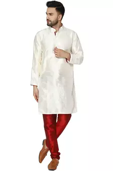White embroidered art silk kurta-pajama