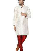 White embroidered art silk kurta-pajama