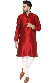 Red embroidered art silk kurta-pajama